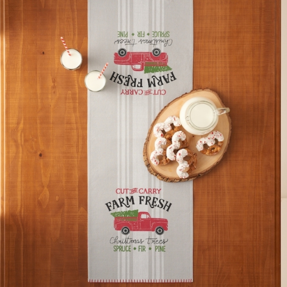 Holiday Table Runner Farm Fresh Gray Red Truck Christmas Tree Farmhouse